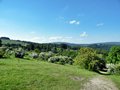 Wochenendsiedlung am Kreuzberg mit Ferienhusern, dahinter die Osterburg